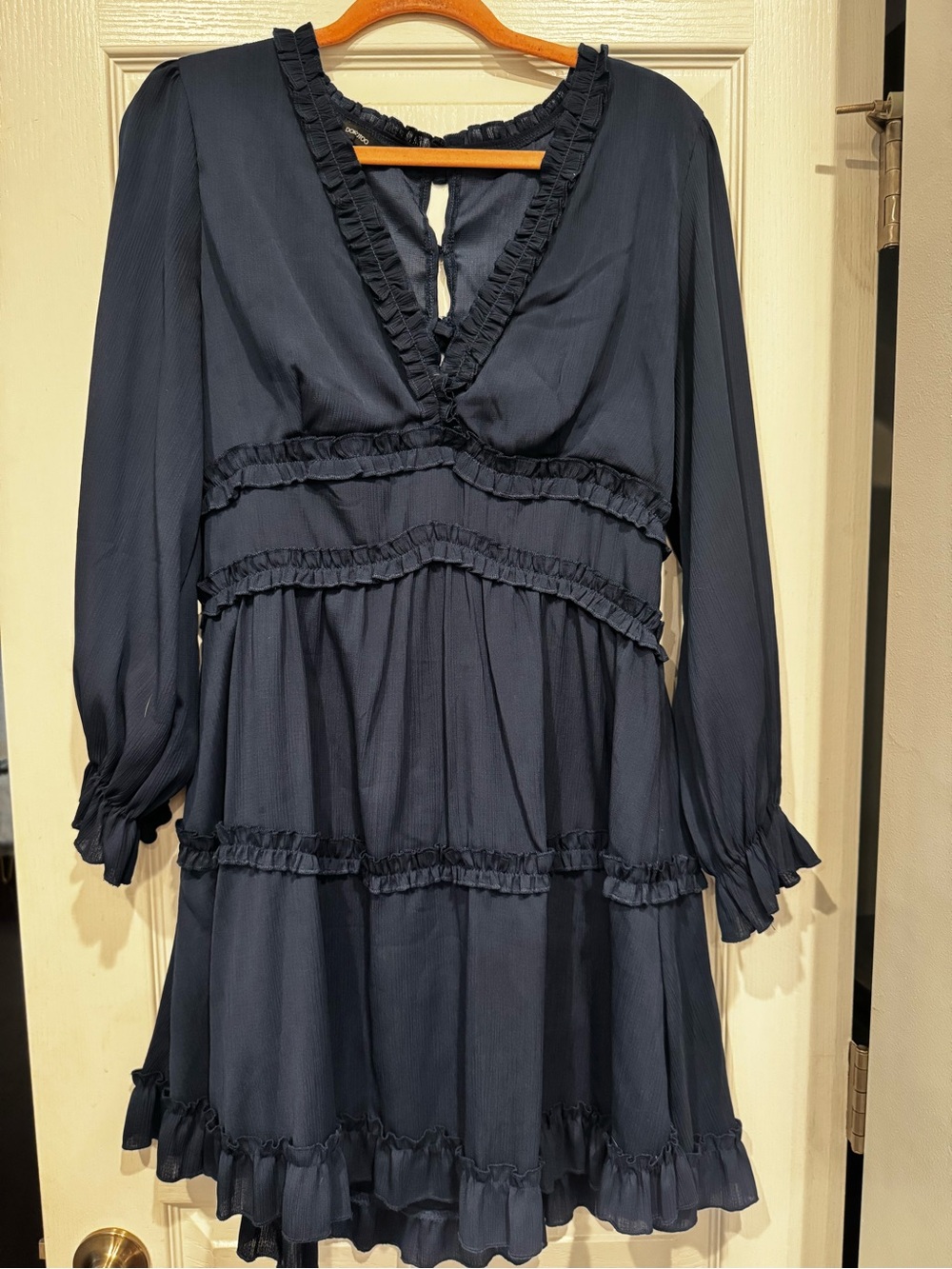 Navy Ruffle Tiered Long Sleeve Dress. Size  L.  Only worn once.